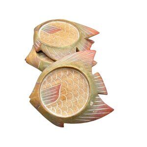 Beach House Decor Fish Coasters Set of 4 80s 90s Wood Carved Pastel Angel Fish